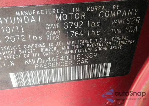 2011 Hyundai Elantra Gls (Ulsan Plant) from USA, damaged, VIN KMHDH4AE4BU151989